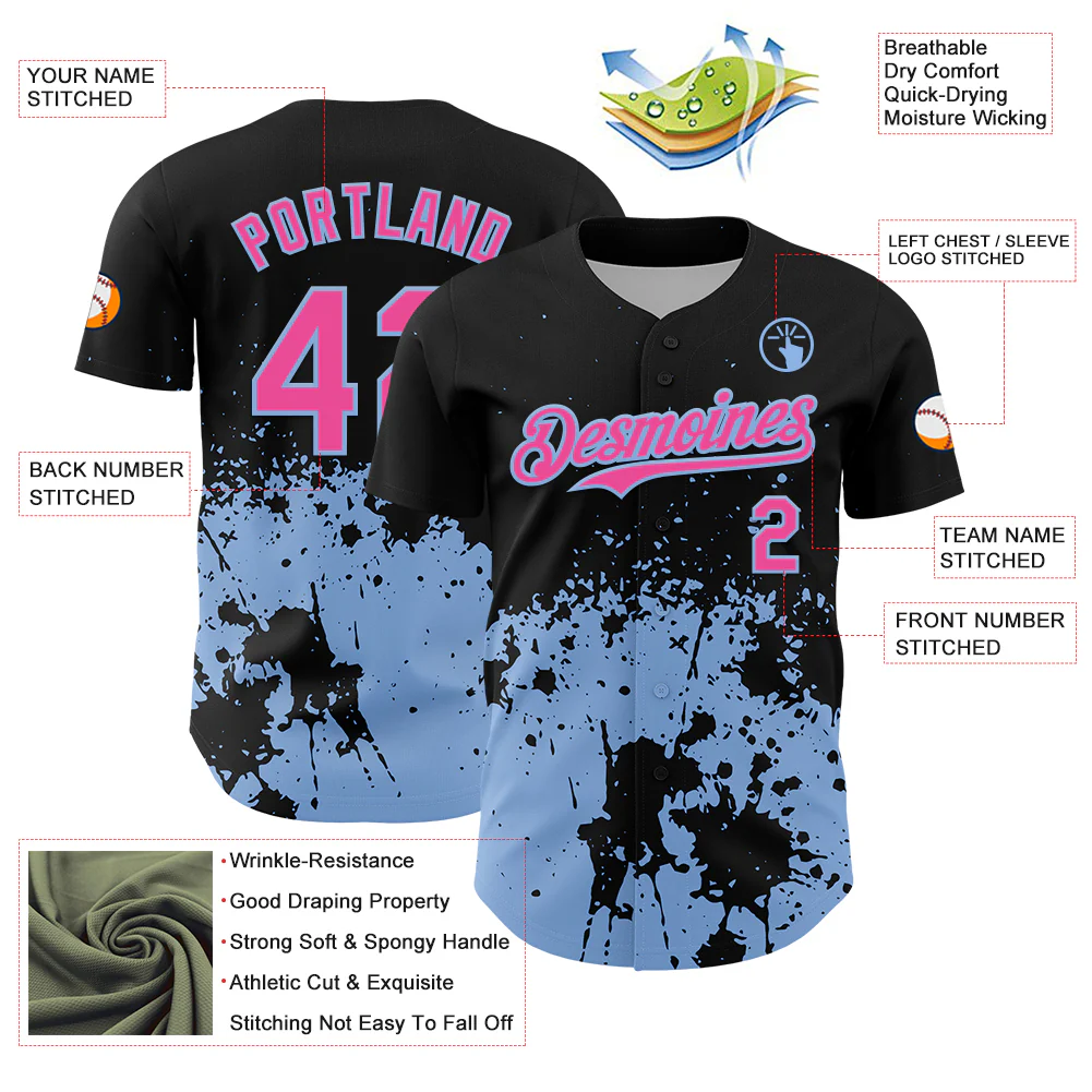 Custom Black Pink-Light Blue Abstract Splatter Grunge Authentic Baseball Jersey - Image 3