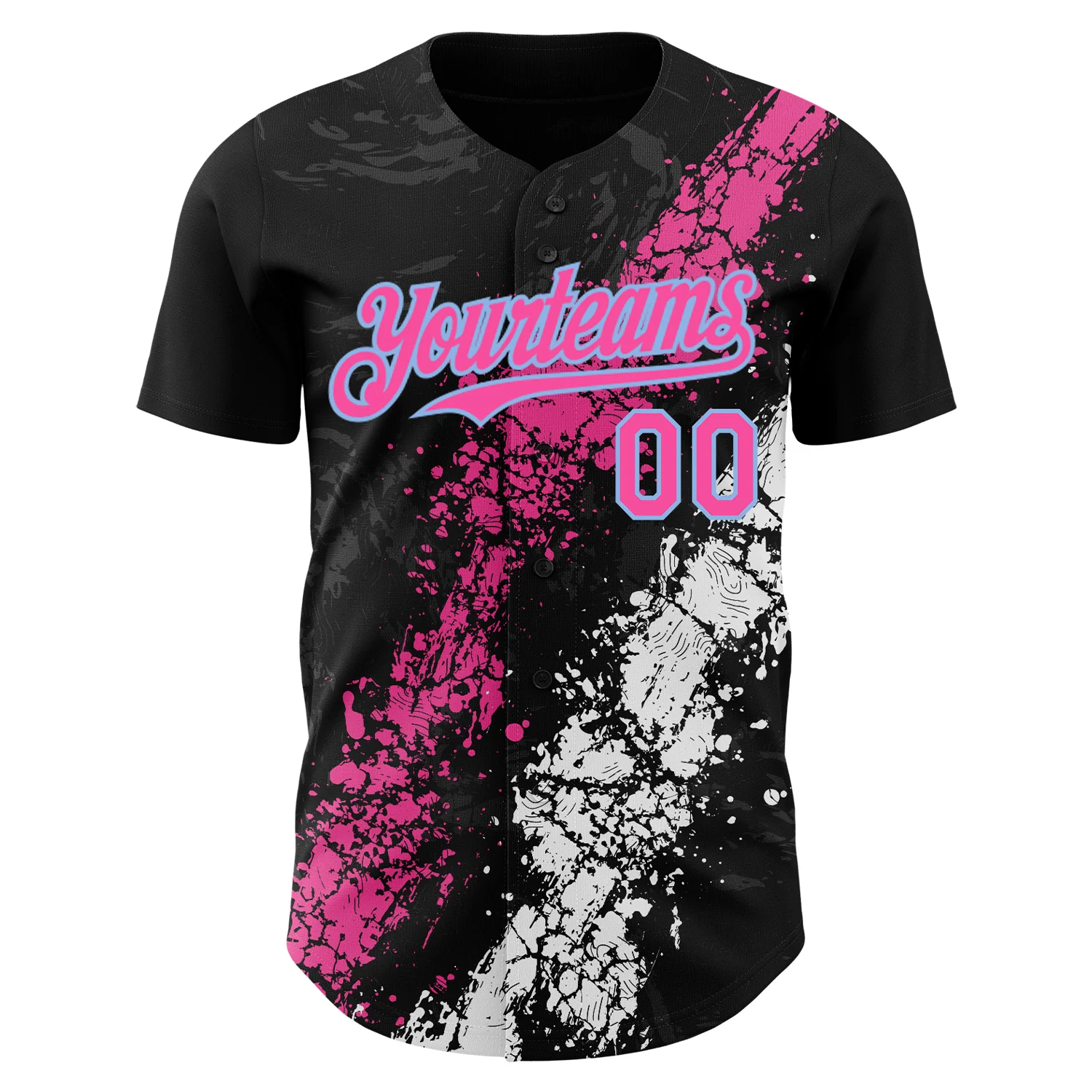 Custom Black Pink Light Blue-White Splash Authentic Baseball Jersey - Image 2