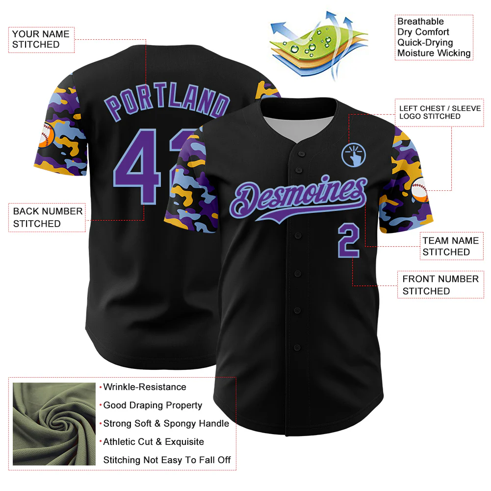 Custom Black Purple Light Blue-Gold Digital Camo Two Tone Authentic Baseball Jersey - Image 3