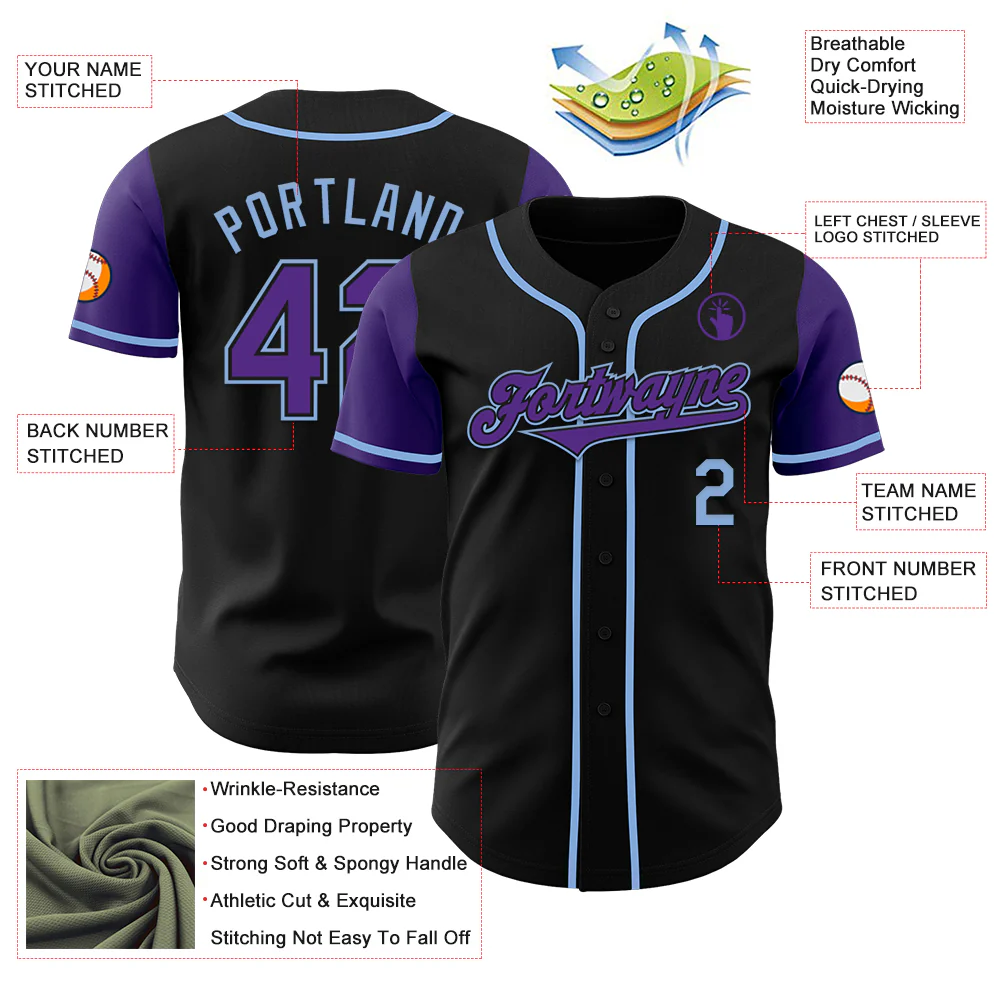 Custom Black Purple-Light Blue Authentic Two Tone Baseball Jersey - Image 3
