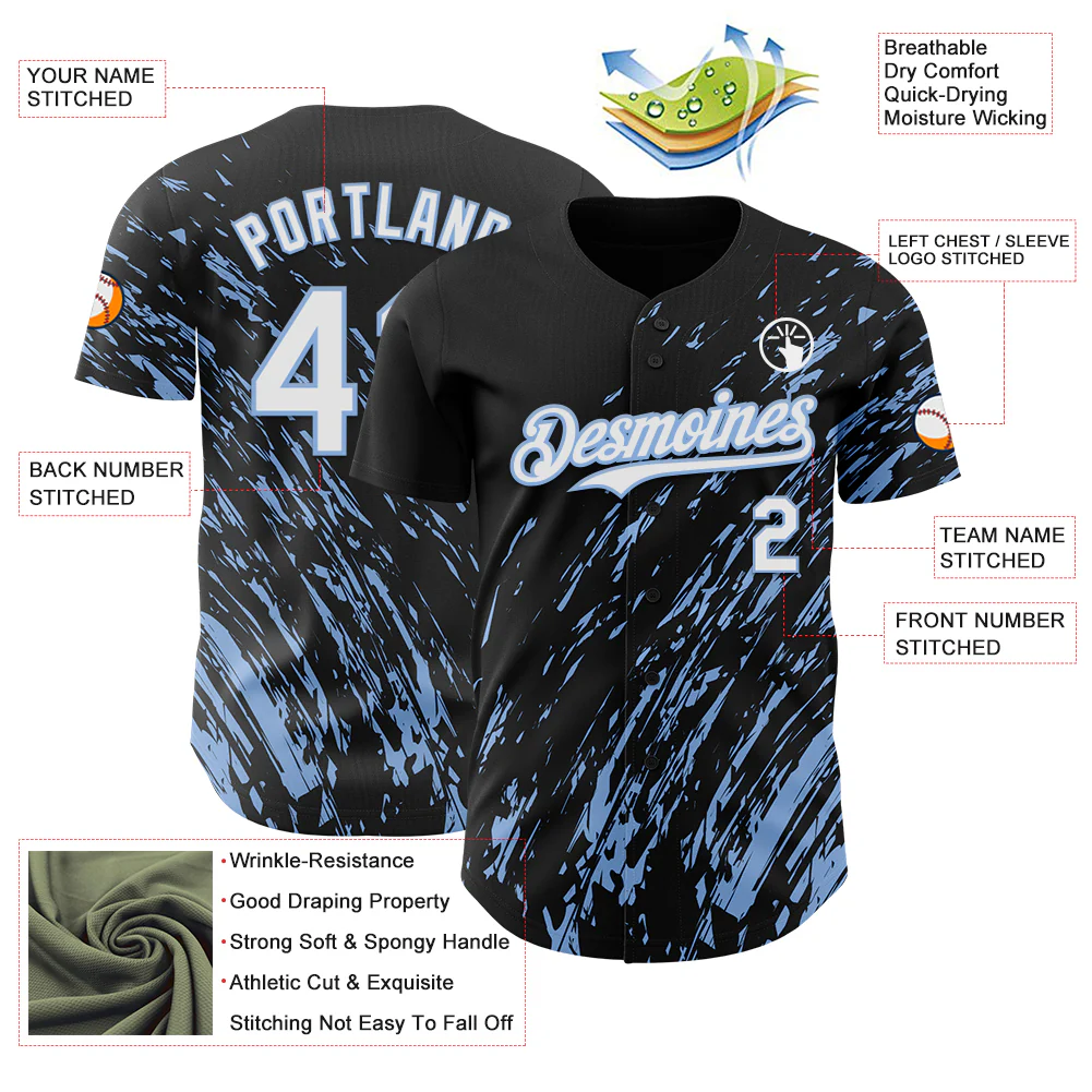 Custom Black White-Light Blue Paint Stroke Grunge Streak Authentic Baseball Jersey - Image 3