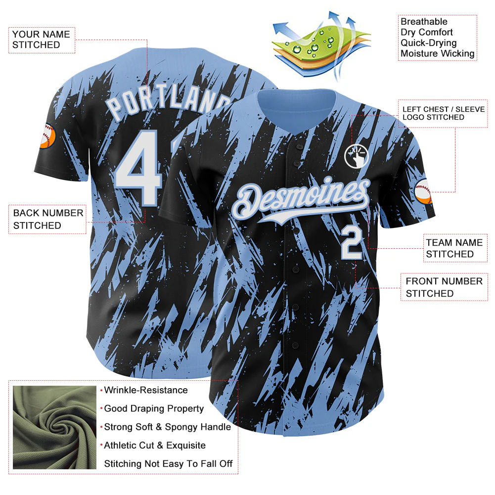 Custom Black White-Light Blue Splatter Torn Sharp Brush Stroke Authentic Baseball Jersey - Image 3