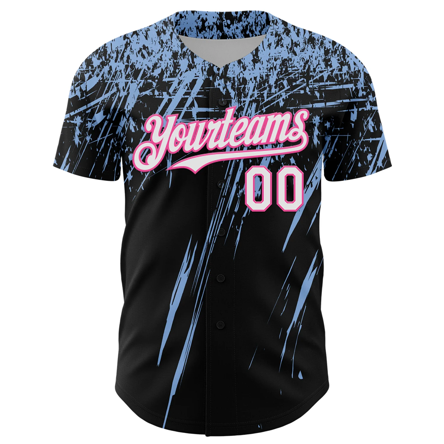 Custom Black White Light Blue-Pink Distressed Scratch Brush Stroke Authentic Baseball Jersey - Image 2