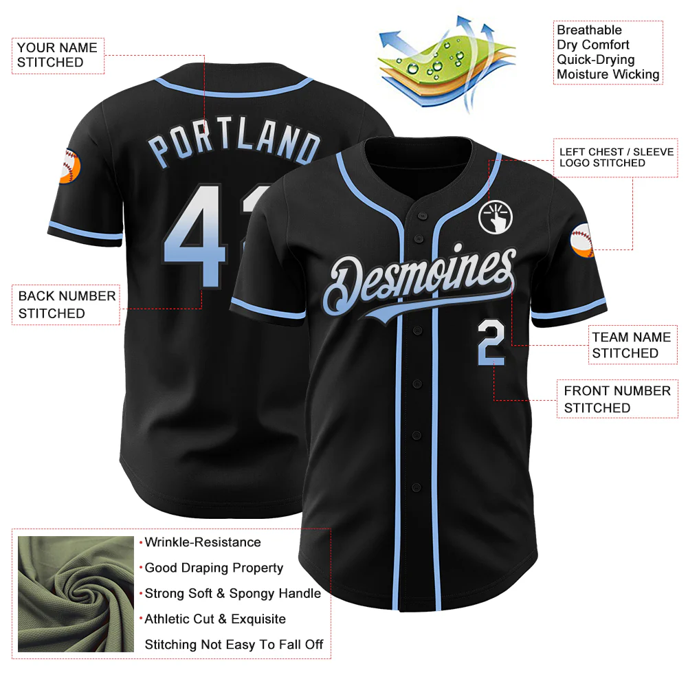 Custom Black White-Light Blue Authentic Fade Fashion Baseball Jersey - Image 3