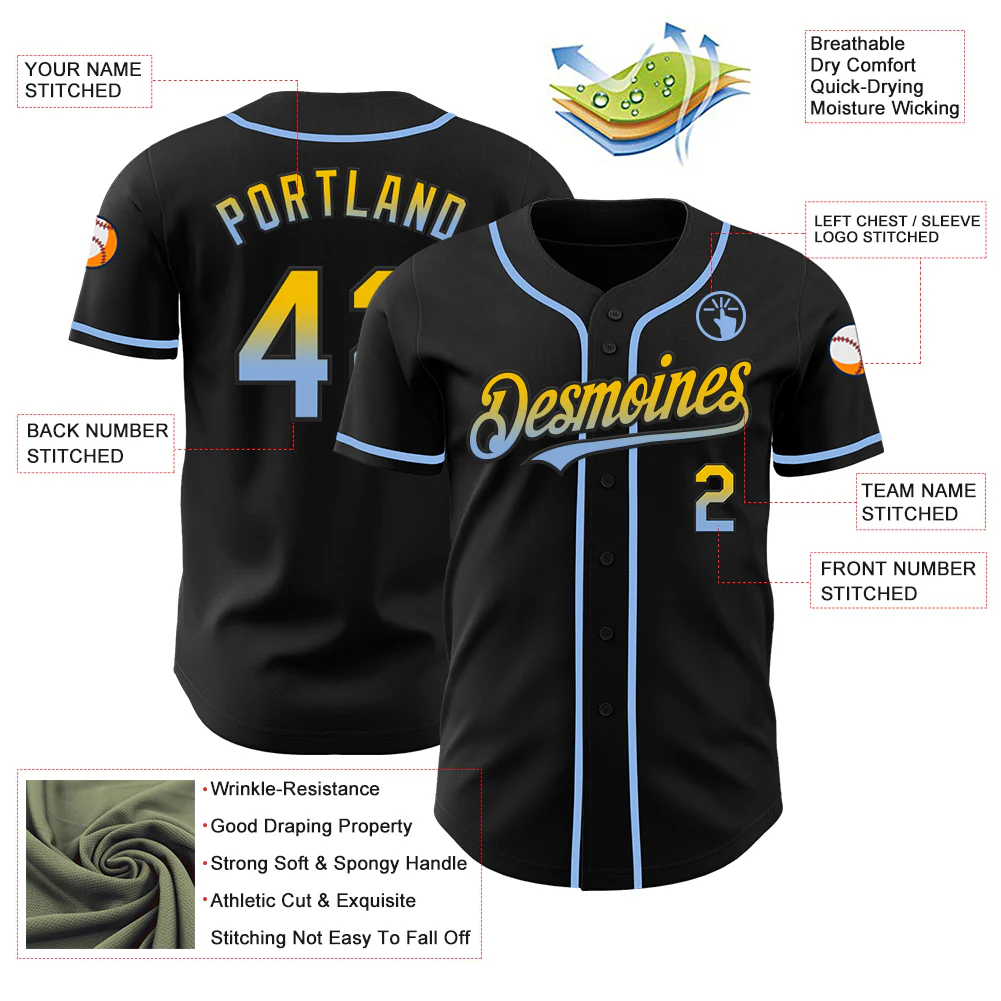 Custom Black Yellow-Light Blue Authentic Fade Fashion Baseball Jersey - Image 3