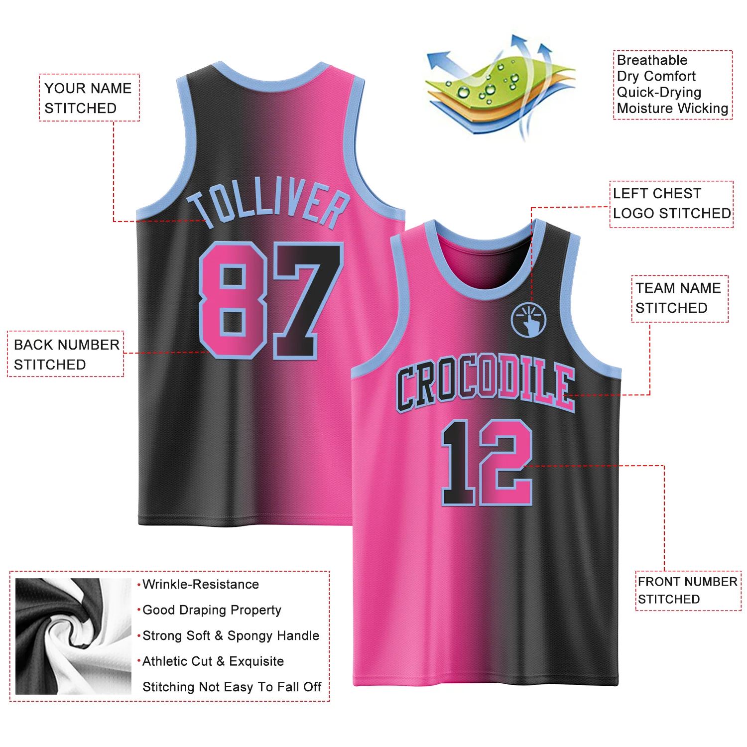 Custom Black Pink-Light Blue Authentic Gradient Fashion Basketball Jersey - Image 3