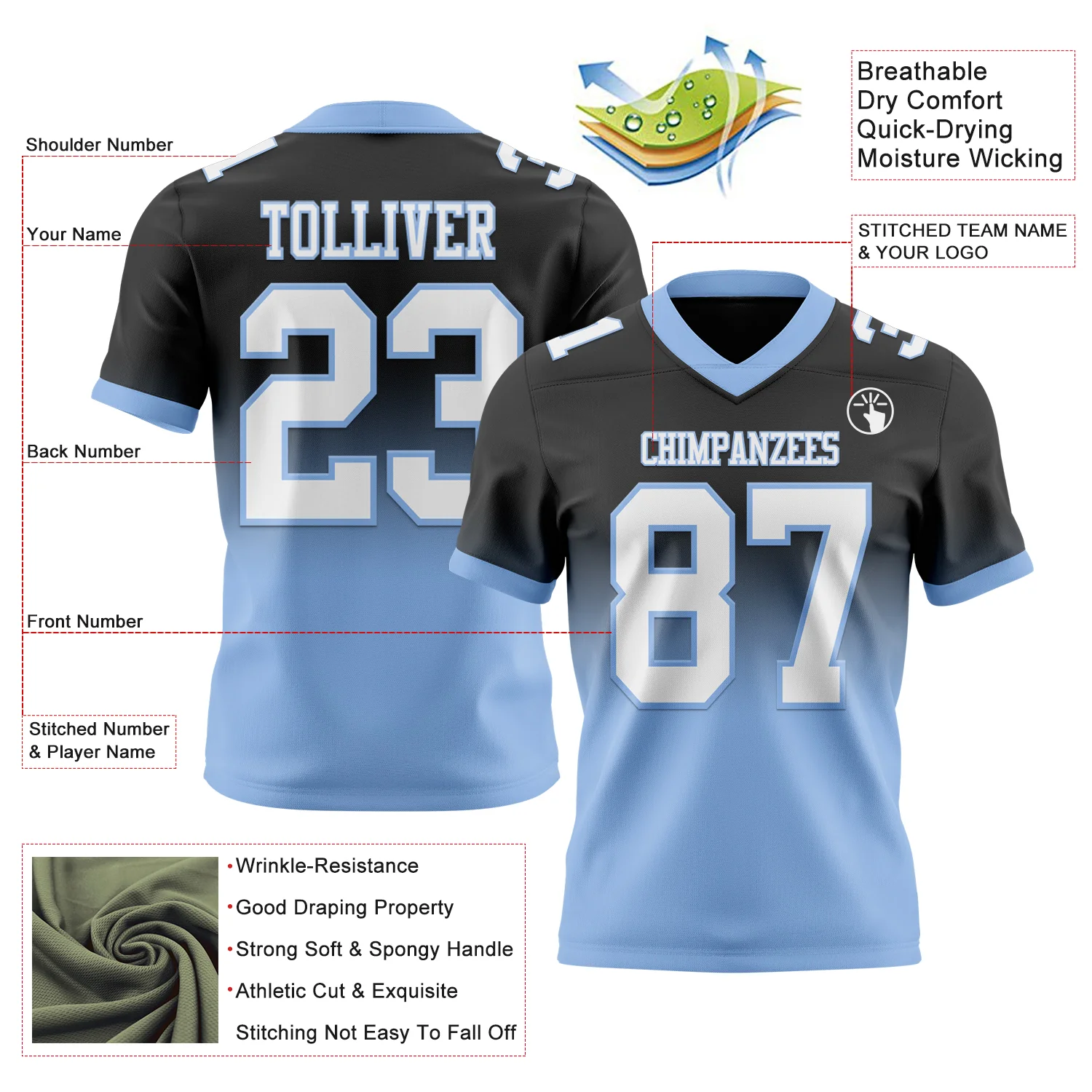 Custom Black White-Light Blue Authentic Fade Fashion Football Jersey - Image 2
