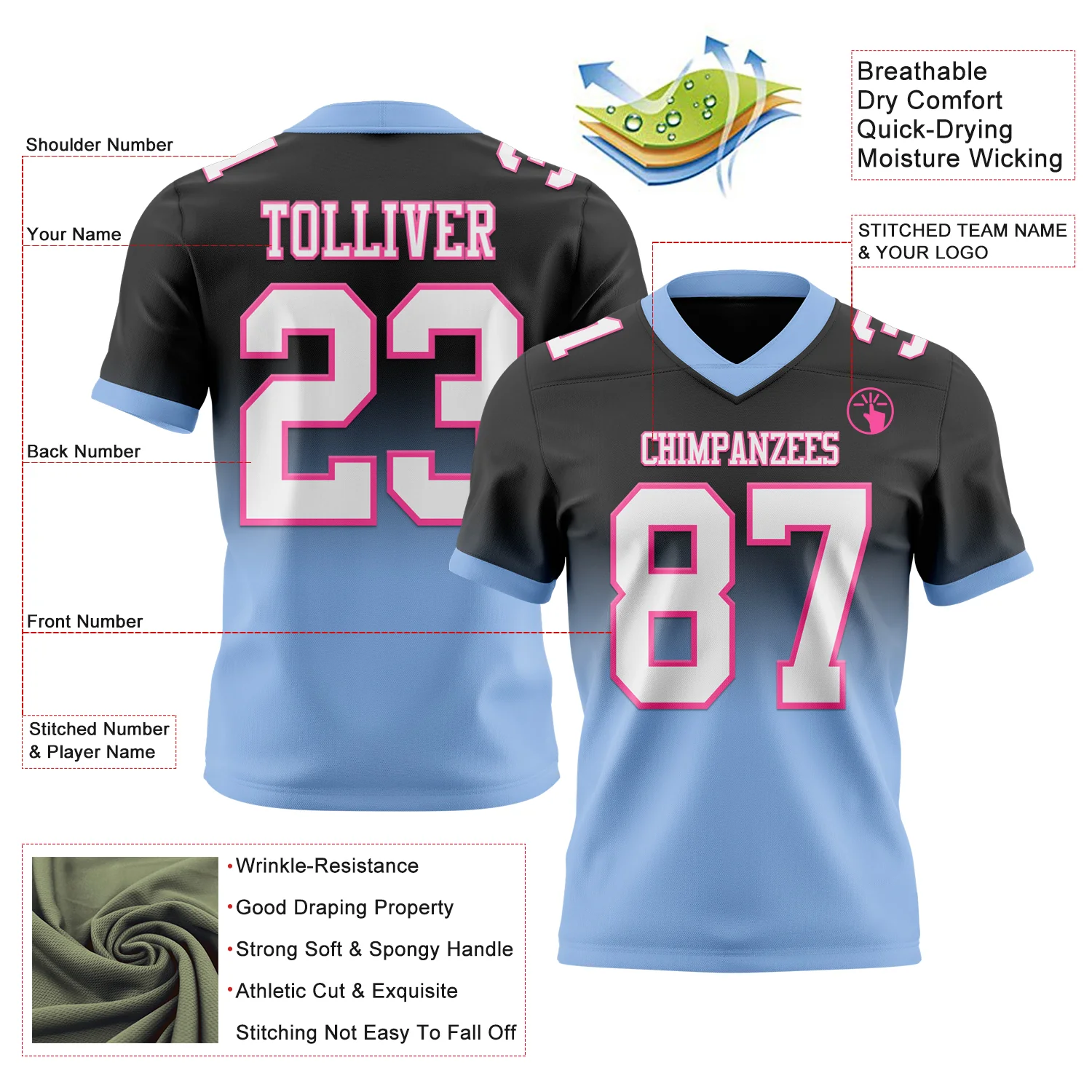 Custom Black White Light Blue-Pink Authentic Fade Fashion Football Jersey - Image 2