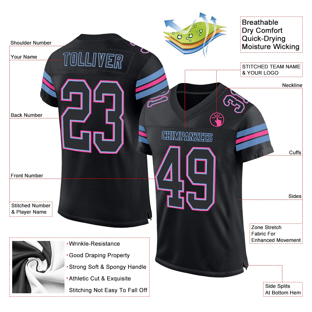Custom Black Light Blue-Pink Mesh Authentic Football Jersey - Image 2