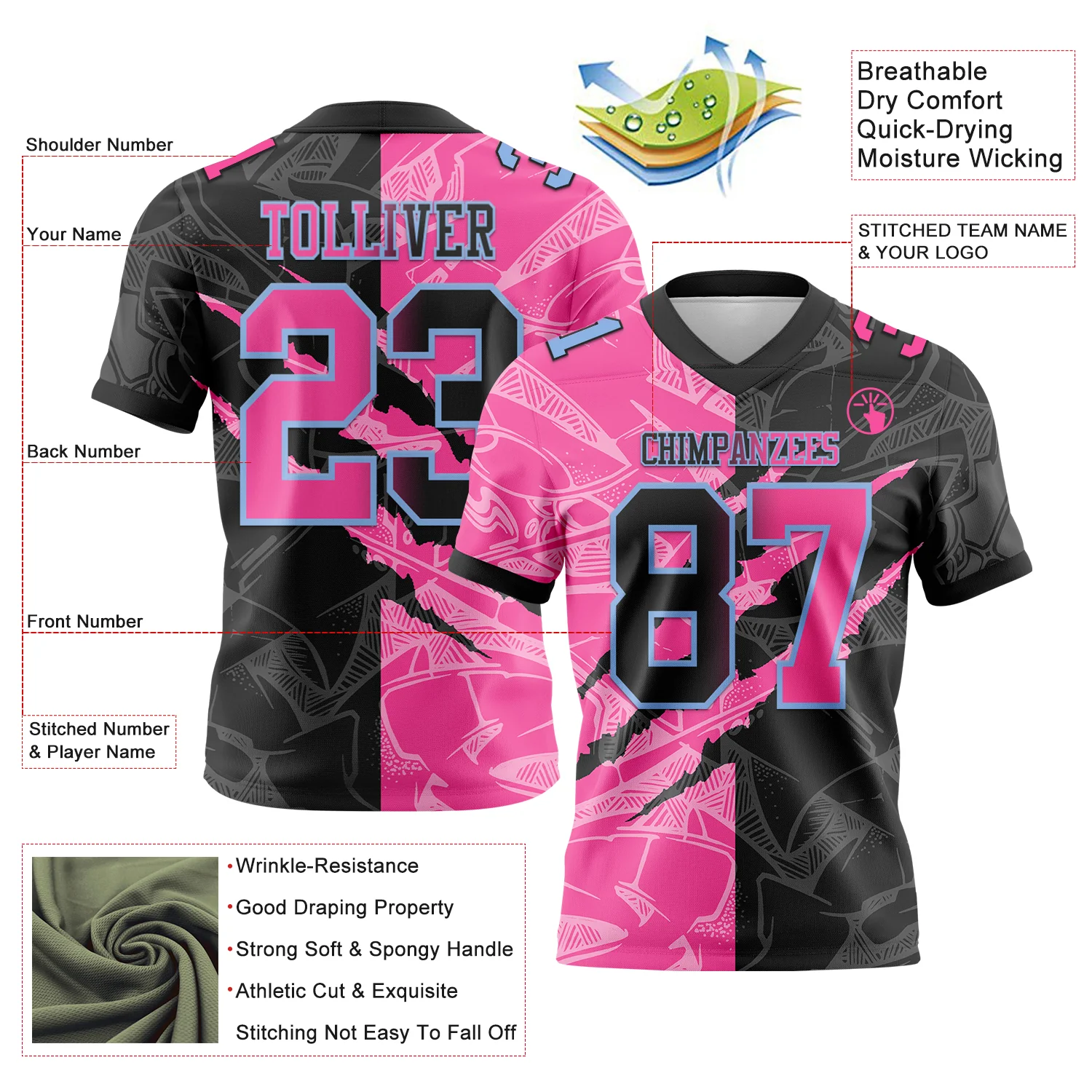 Custom Black Pink-Light Blue Authentic Gradient Fashion Scratch Football Jersey - Image 3