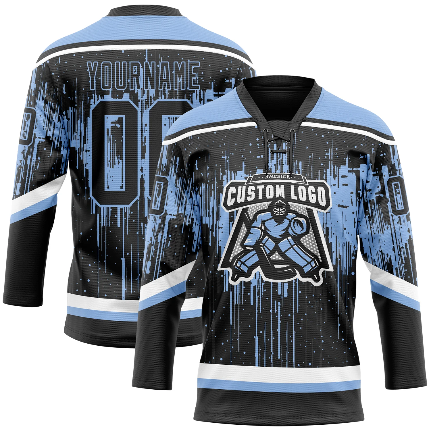 Custom Black Light Blue Steel Gray-White Dripping Splatter Pattern Hockey Lace Neck Jersey - Image 2