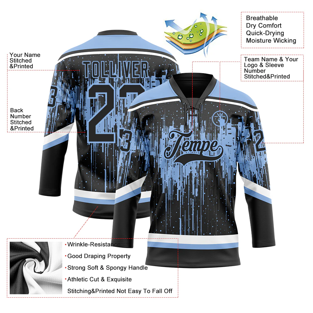 Custom Black Light Blue Steel Gray-White Dripping Splatter Pattern Hockey Lace Neck Jersey - Image 5