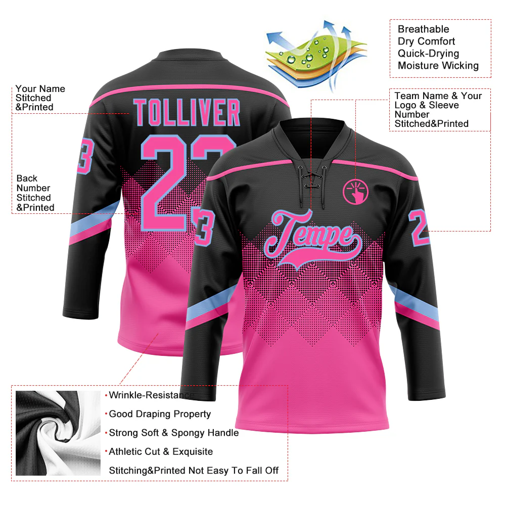 Custom Black Pink-Light Blue 3D Pattern Gradient Square Shapes Hockey Lace Neck Jersey - Image 3