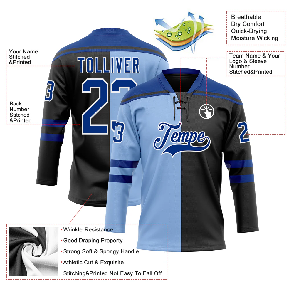 Custom Black Royal Light Blue-White Split Fashion Hockey Lace Neck Jersey - Image 5