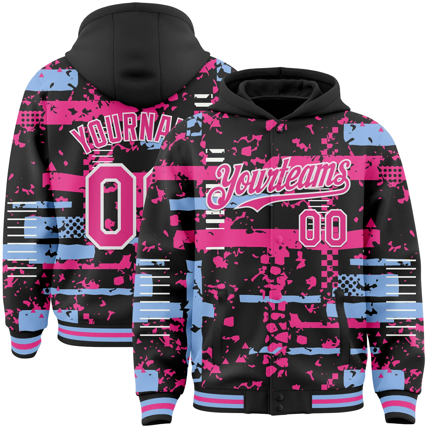 Custom Black Pink Light Blue-White Abstract Fragment Shape Bomber Full-Snap Varsity Letterman Hoodie Jacket