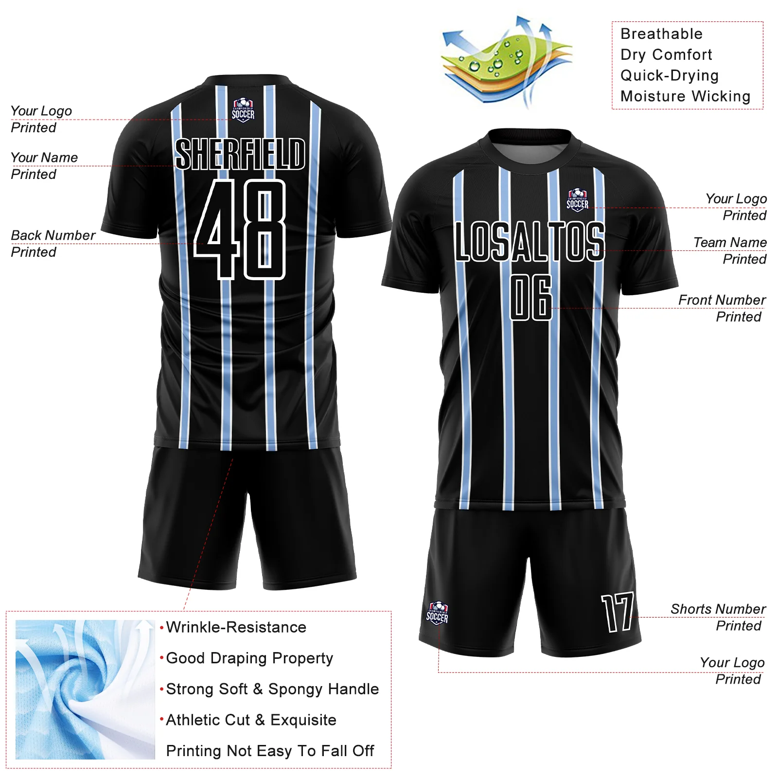 Custom Black Light Blue-White Stripe Line Sublimation Soccer Uniform Jersey - Image 4