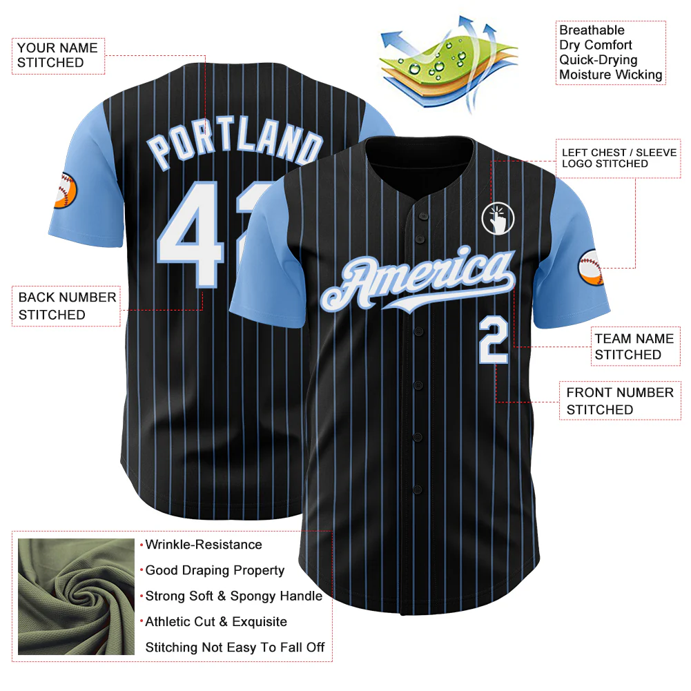 Custom Black Light Blue Pinstripe White Authentic Two Tone Baseball Jersey - Image 3