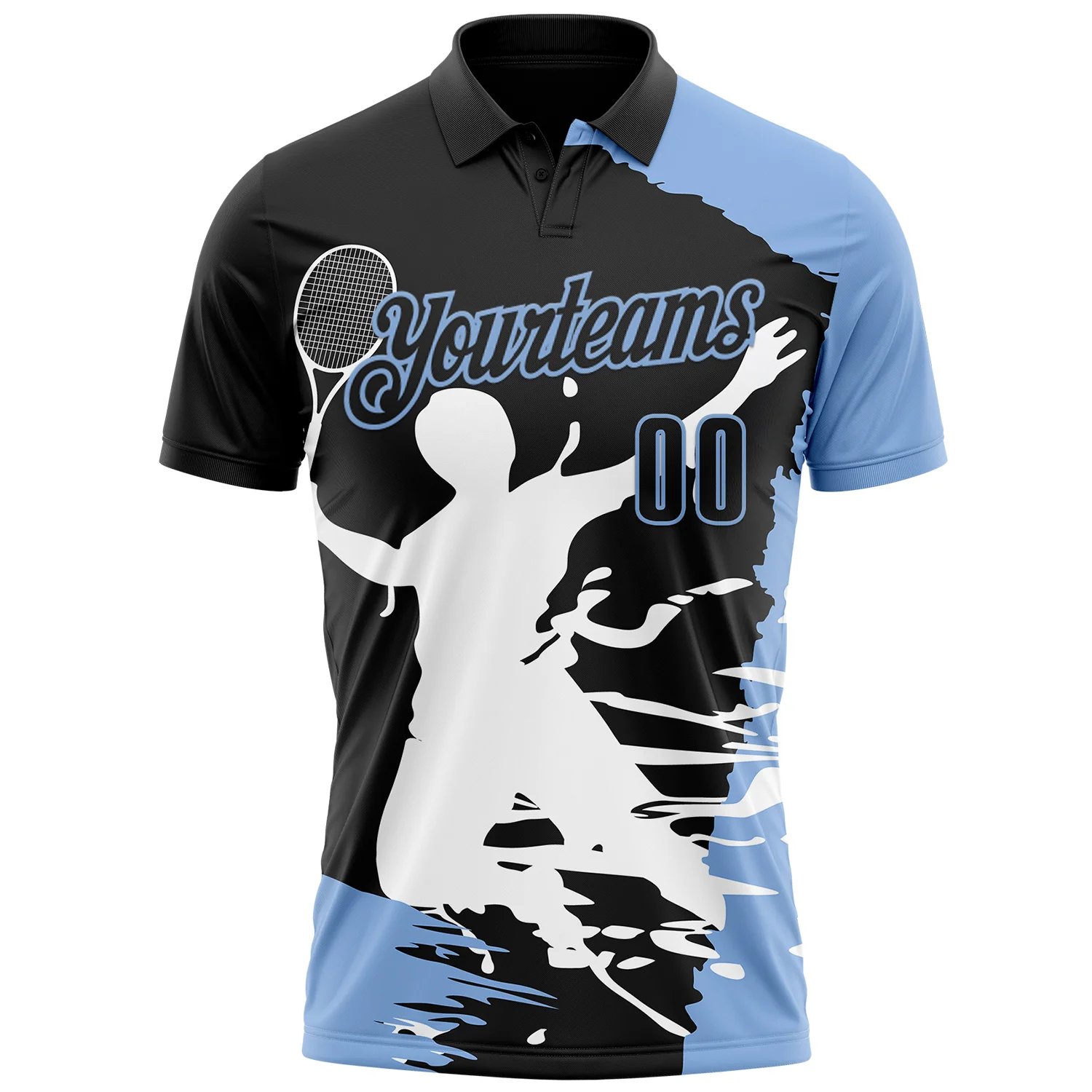 Custom Black Light Blue-White 3D Tennis Performance Polo Shirt - Image 2