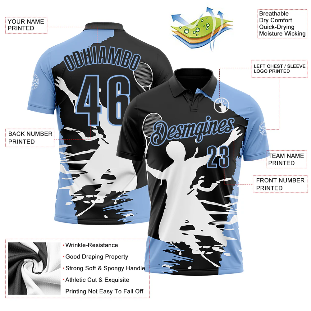 Custom Black Light Blue-White 3D Tennis Performance Polo Shirt - Image 3