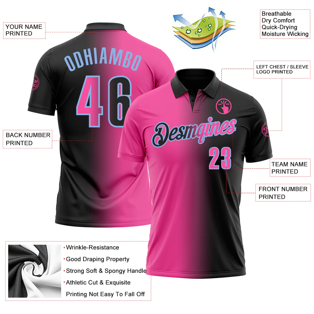 Custom Black Pink-Light Blue 3D Gradient Fashion Performance Polo Shirt - Image 3
