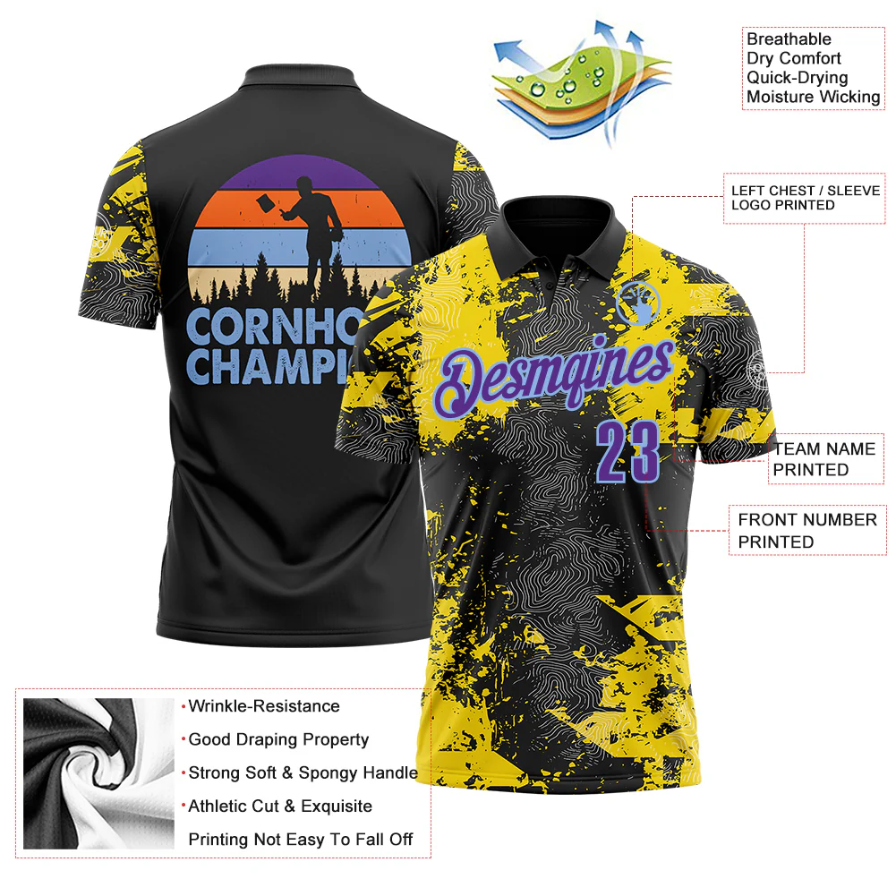 Custom Black Purple-Light Blue 3D Cornhole Splash Performance Polo Shirt - Image 3