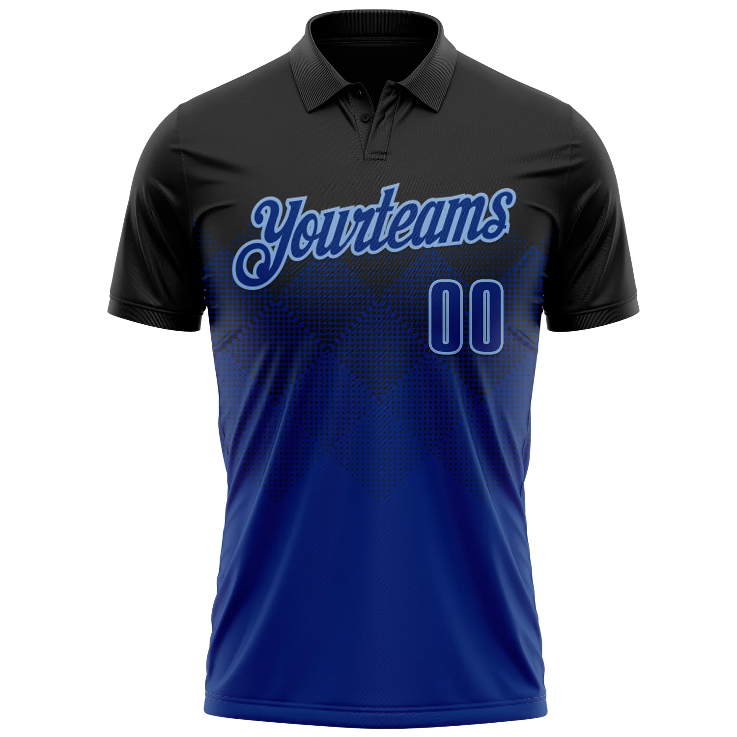 Custom Black Royal-Light Blue 3D Pattern Design Gradient Square Shape Performance Polo Shirt - Image 2