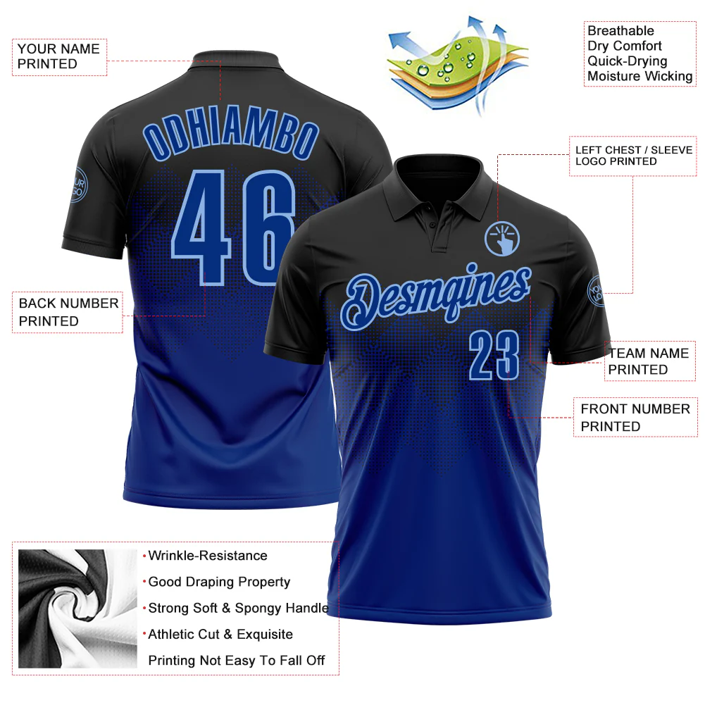 Custom Black Royal-Light Blue 3D Pattern Design Gradient Square Shape Performance Polo Shirt - Image 3