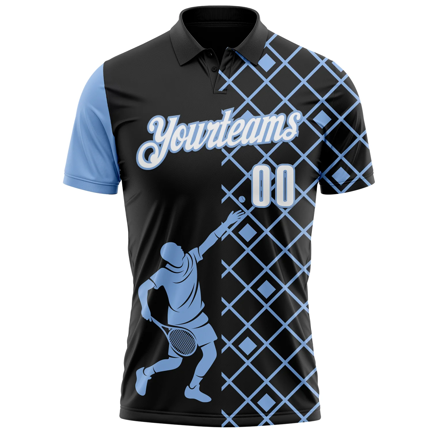 Custom Black White-Light Blue 3D Tennis Performance Polo Shirt - Image 2