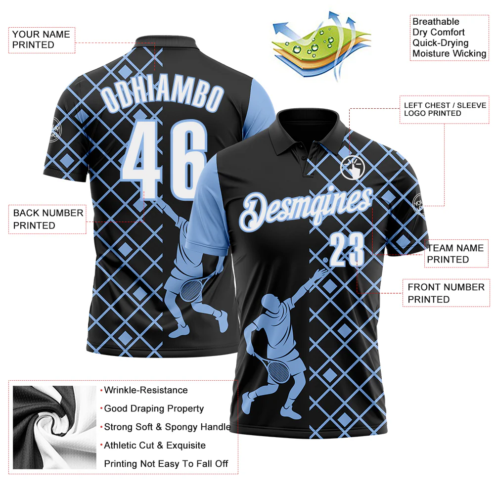 Custom Black White-Light Blue 3D Tennis Performance Polo Shirt - Image 3