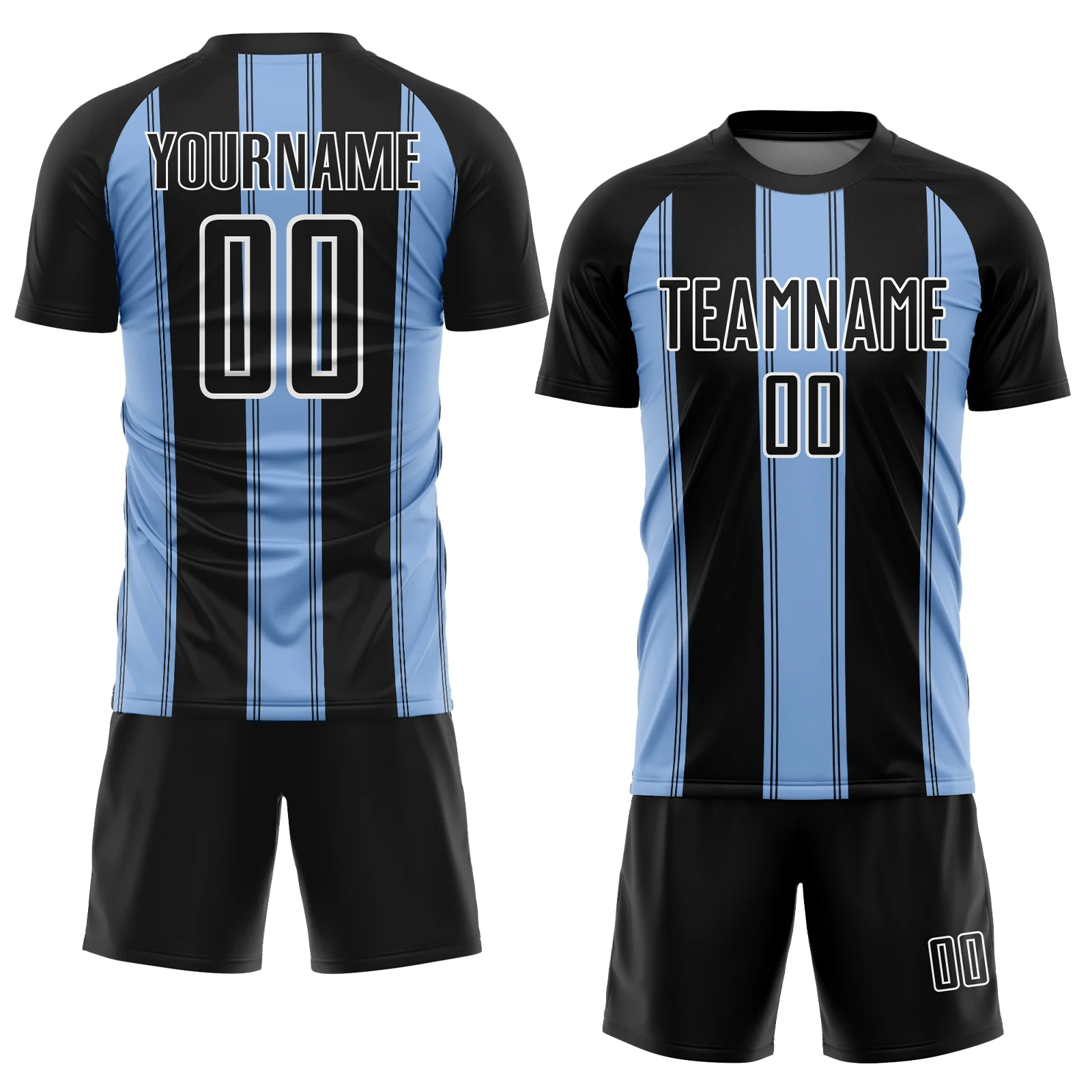 Custom Black Light Blue-White Line Sublimation Soccer Uniform Jersey - Image 2