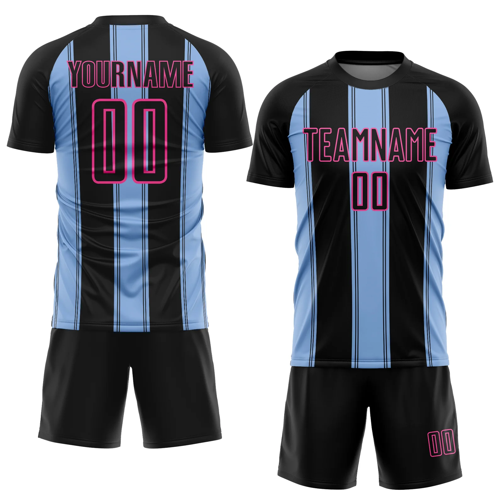 Custom Black Light Blue-Pink Line Sublimation Soccer Uniform Jersey - Image 2