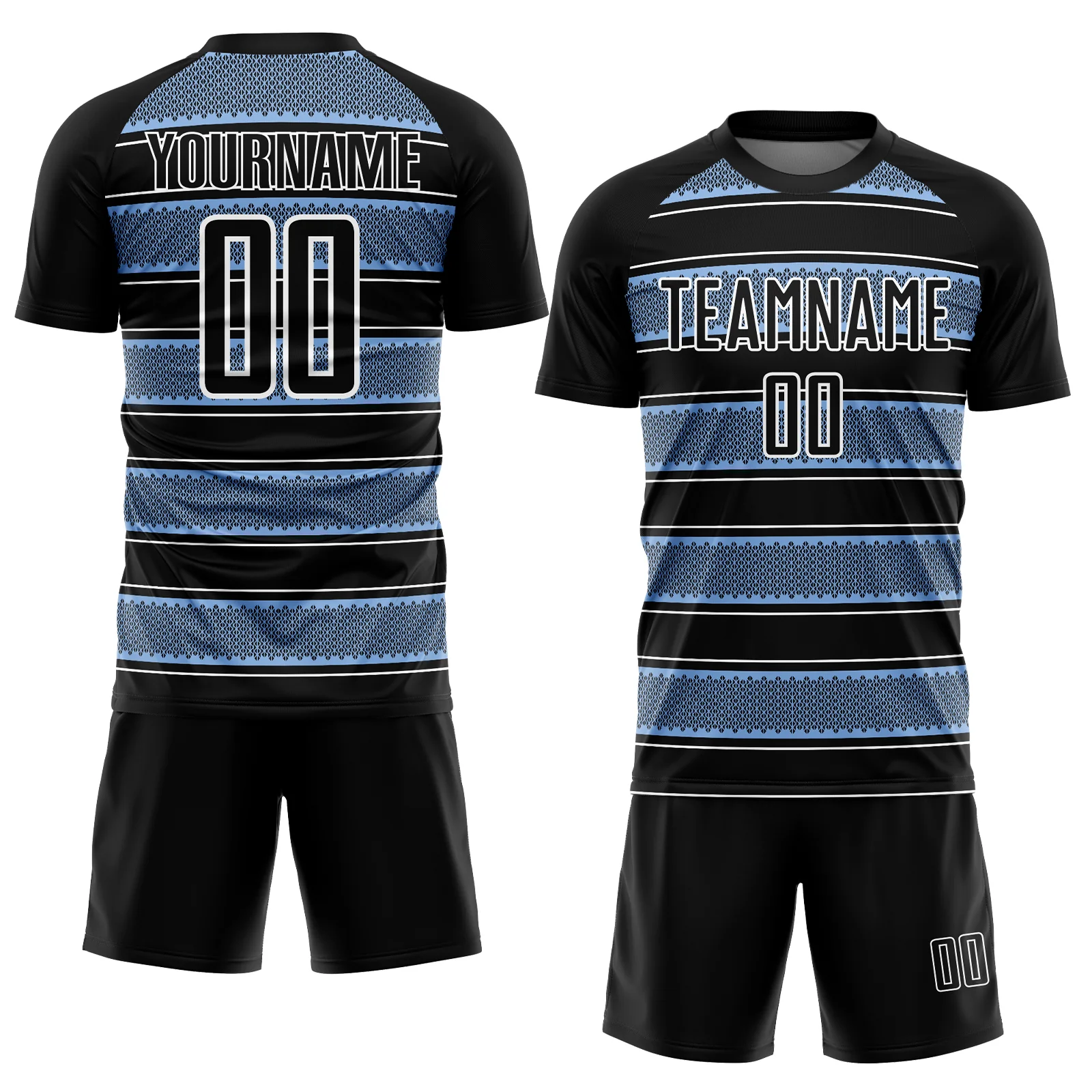 Custom Black Light Blue-White Geometric Shapes And Line Sublimation Soccer Uniform Jersey - Image 2