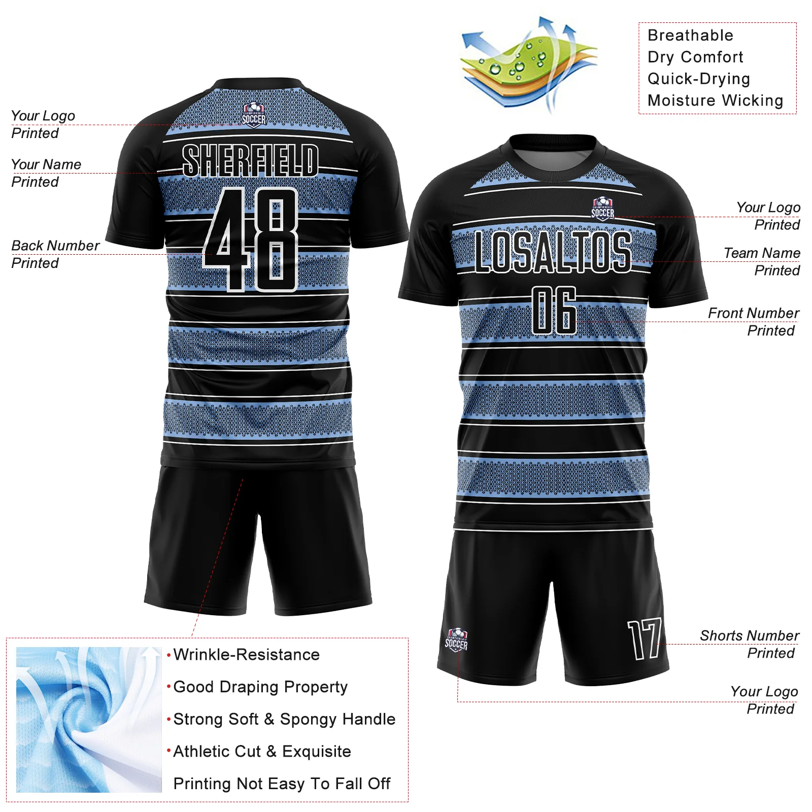 Custom Black Light Blue-White Geometric Shapes And Line Sublimation Soccer Uniform Jersey - Image 4