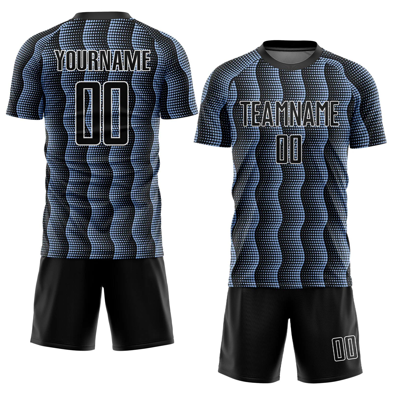 Custom Black Light Blue-White Geometric Shape Sublimation Soccer Uniform Jersey - Image 2