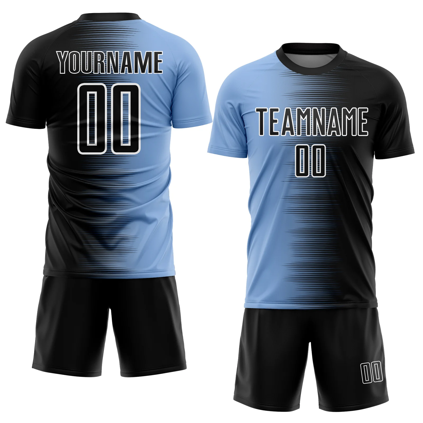 Custom Black Light Blue-White Gradient Line Sublimation Soccer Uniform Jersey - Image 2