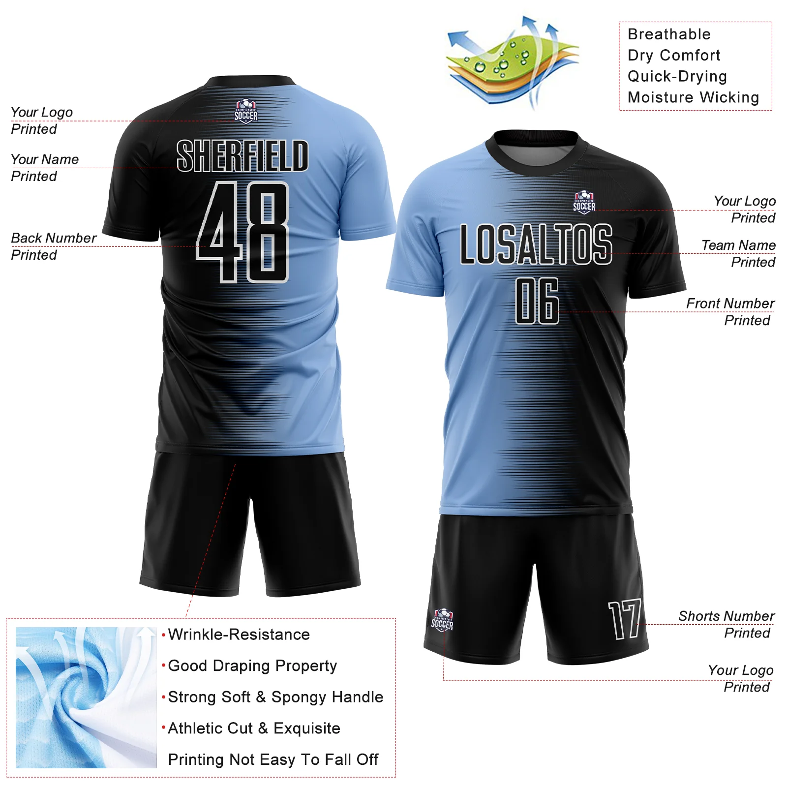 Custom Black Light Blue-White Gradient Line Sublimation Soccer Uniform Jersey - Image 4