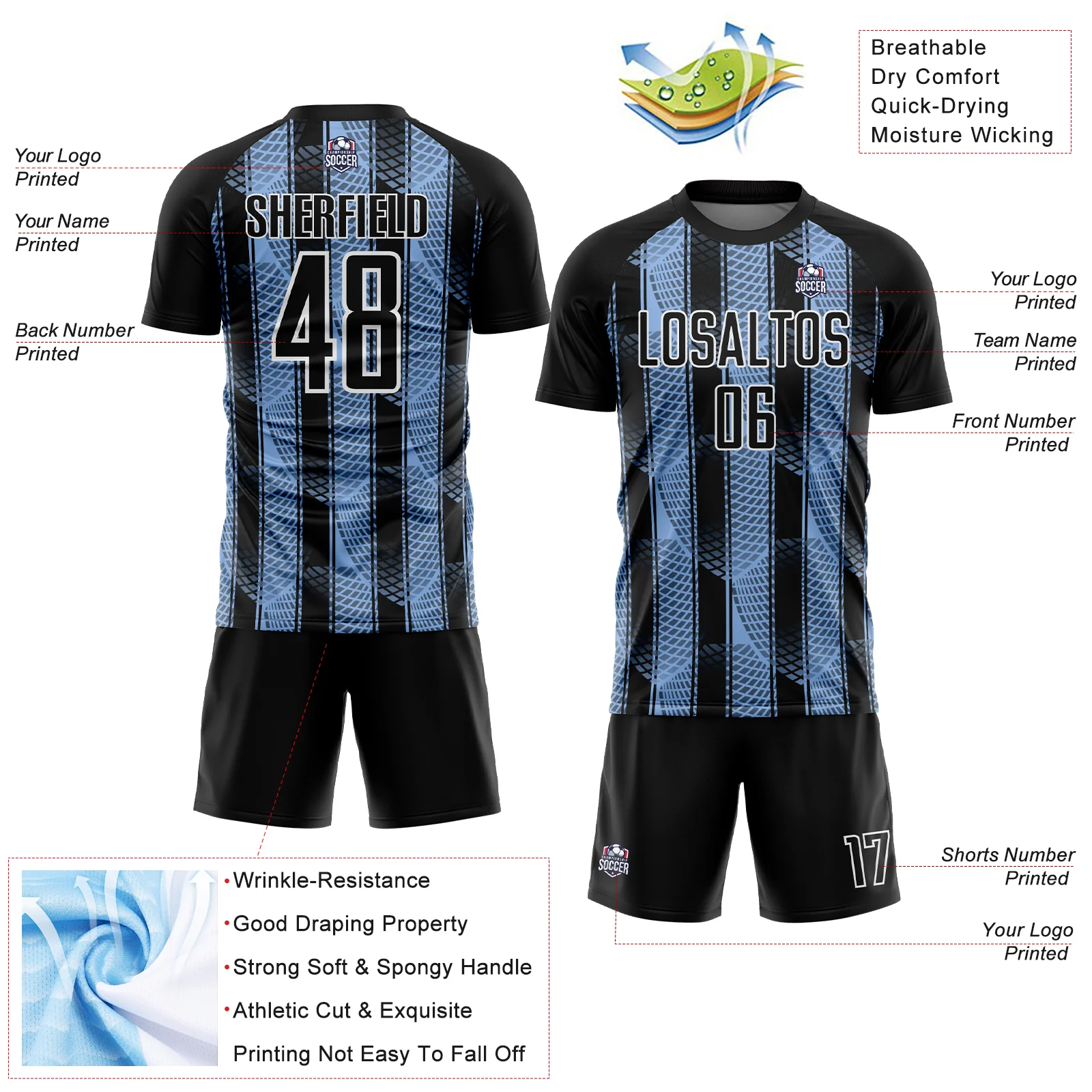 Custom Black Light Blue-White Abstract Network Sublimation Soccer Uniform Jersey - Image 4