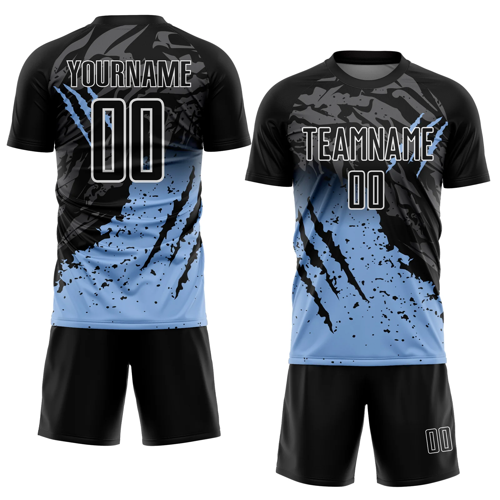 Custom Black Light Blue-White Gradient Scratch Splash Sublimation Soccer Uniform Jersey - Image 2