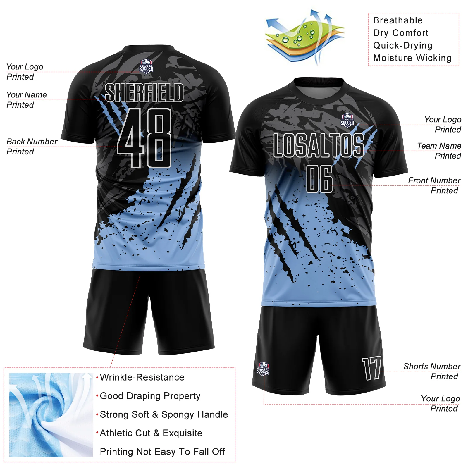 Custom Black Light Blue-White Gradient Scratch Splash Sublimation Soccer Uniform Jersey - Image 4
