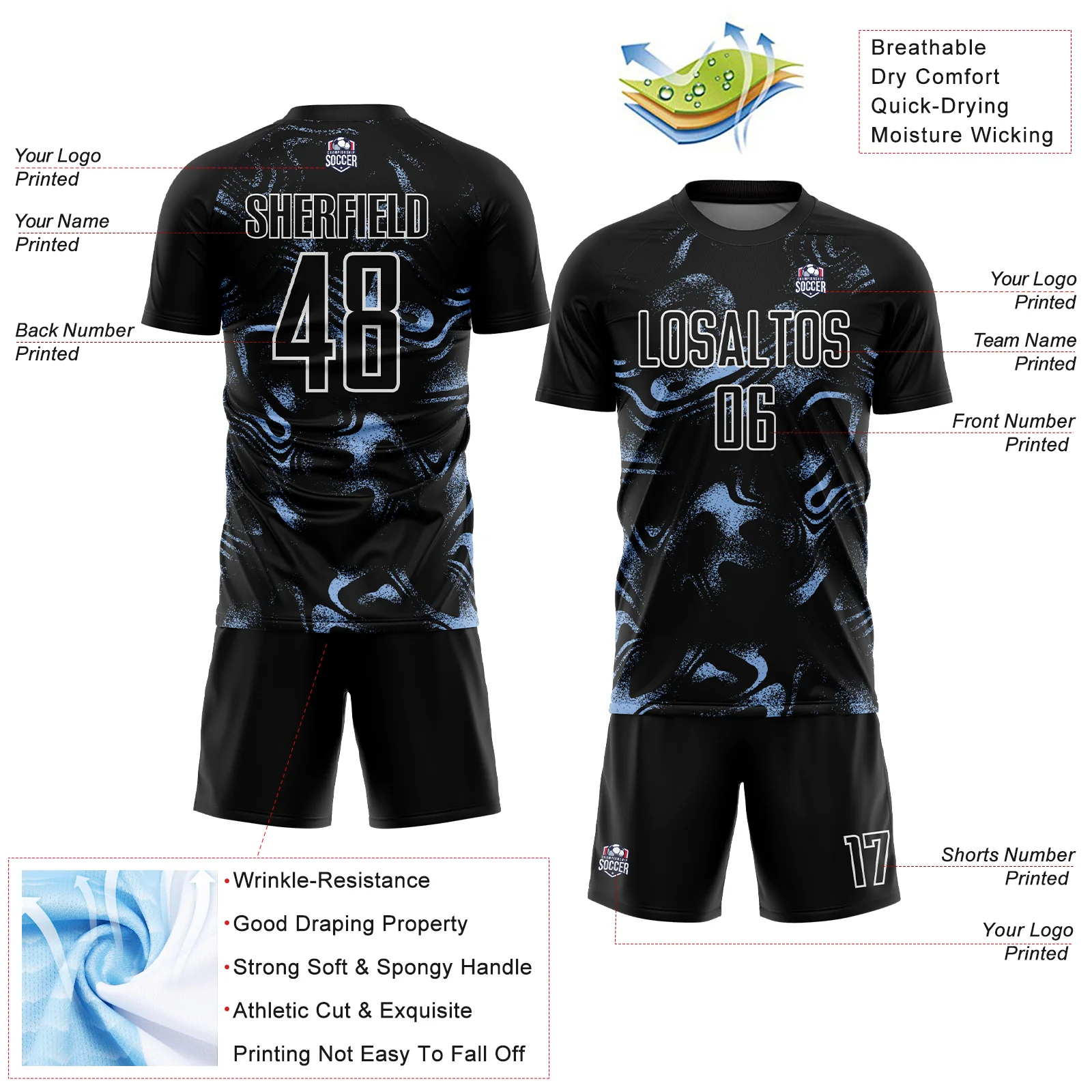 Custom Black Light Blue-White Abstract Liquid Sublimation Soccer Uniform Jersey - Image 4