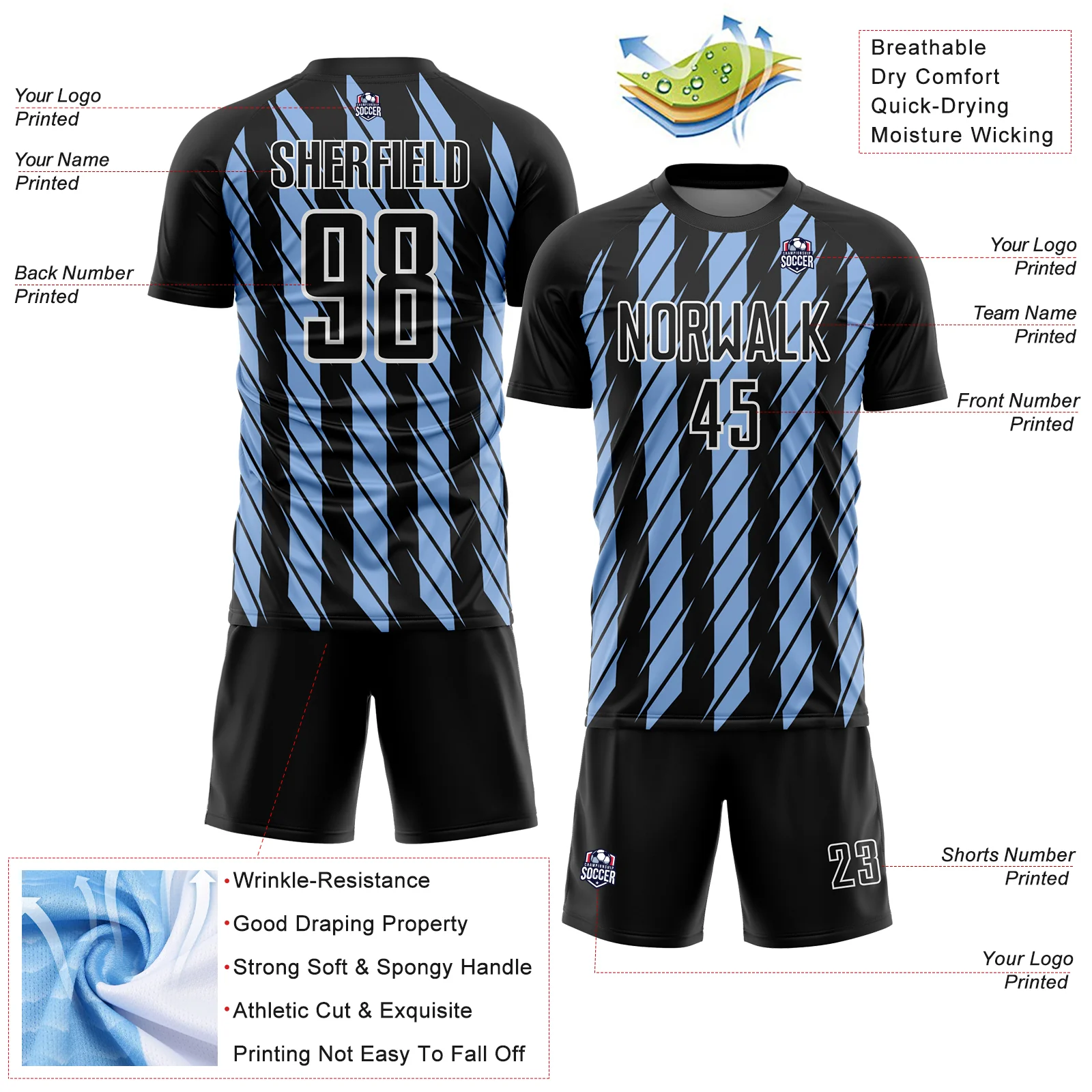 Custom Black Light Blue-White Stripe Line Sublimation Soccer Uniform Jersey - Image 4