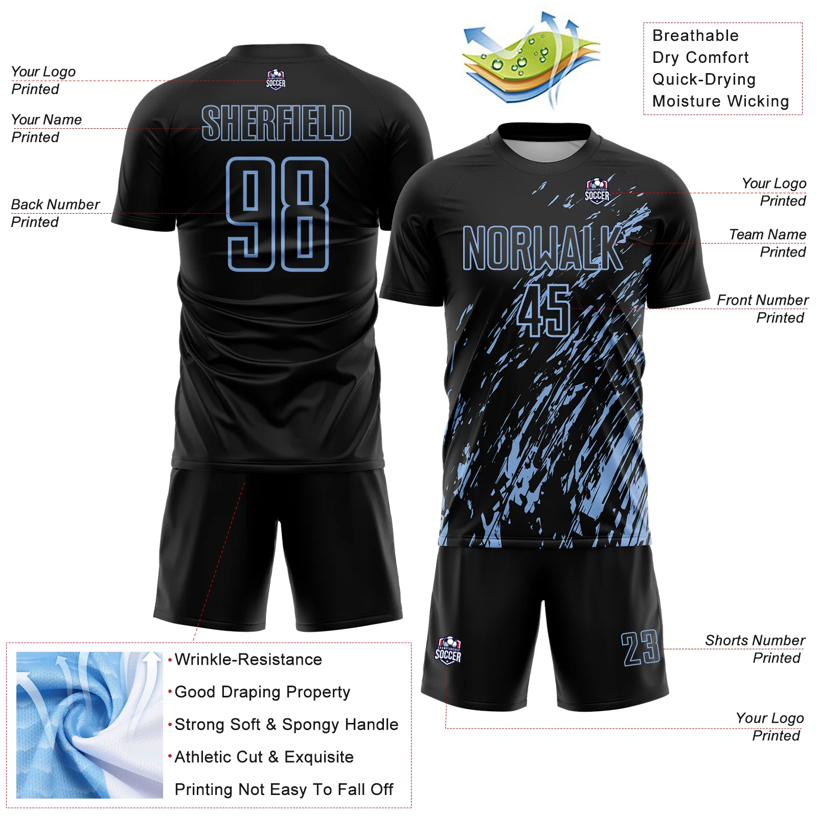 Custom Black Light Blue Splash Sublimation Soccer Uniform Jersey - Image 4