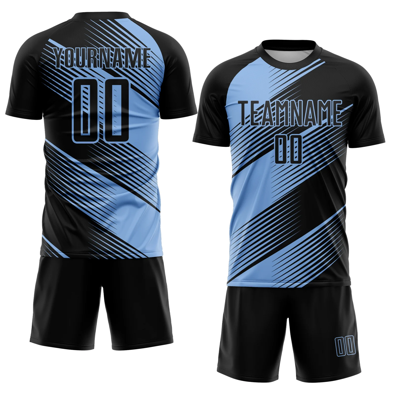 Custom Black Light Blue Line Sublimation Soccer Uniform Jersey - Image 2