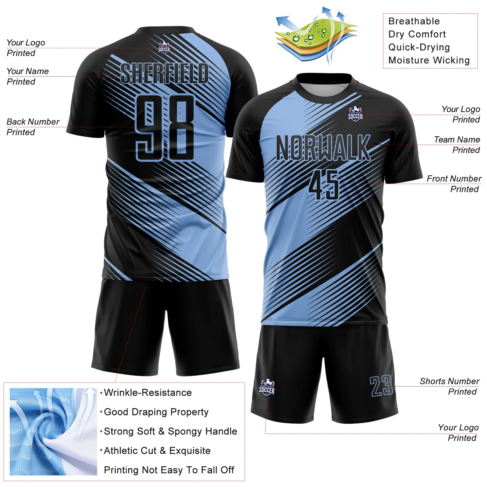Custom Black Light Blue Line Sublimation Soccer Uniform Jersey - Image 4
