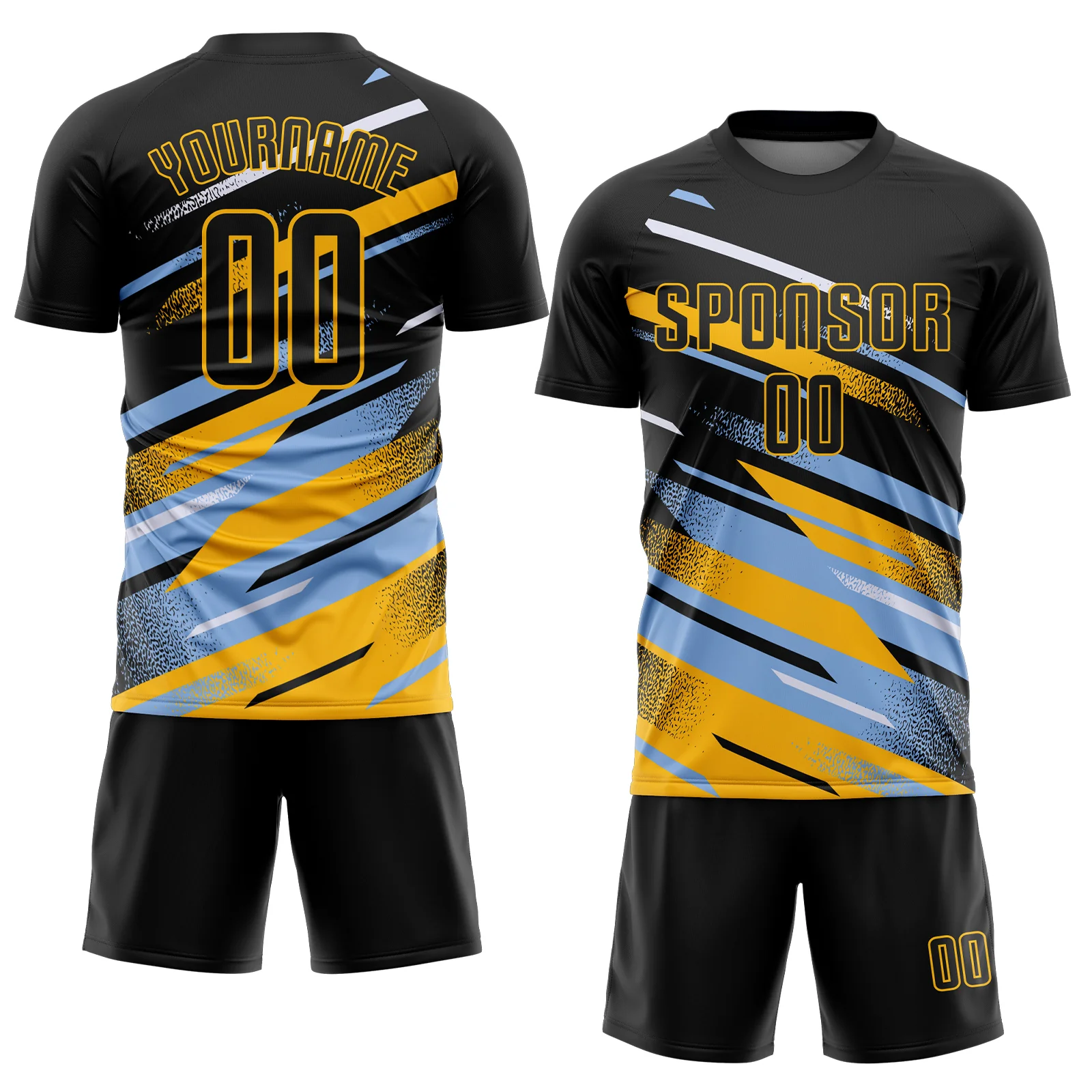 Custom Black Light Blue Gold-White Grunge Stripe And Grainy Sports Sublimation Soccer Uniform Jersey - Image 2