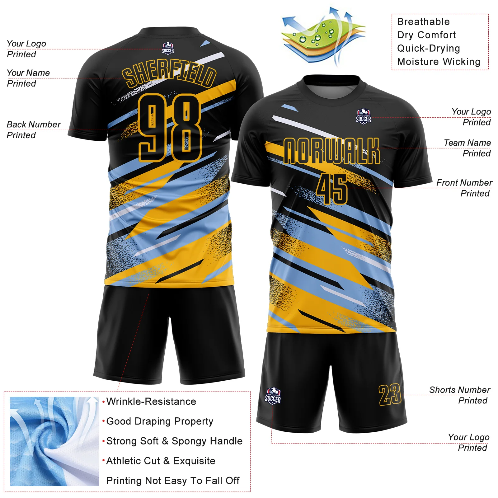 Custom Black Light Blue Gold-White Grunge Stripe And Grainy Sports Sublimation Soccer Uniform Jersey - Image 4