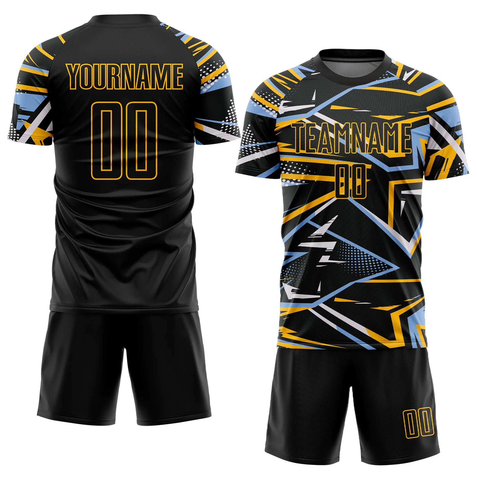 Custom Black Light Blue Gold-White Abstract Geometric Stripes Sports Sublimation Soccer Uniform Jersey - Image 2