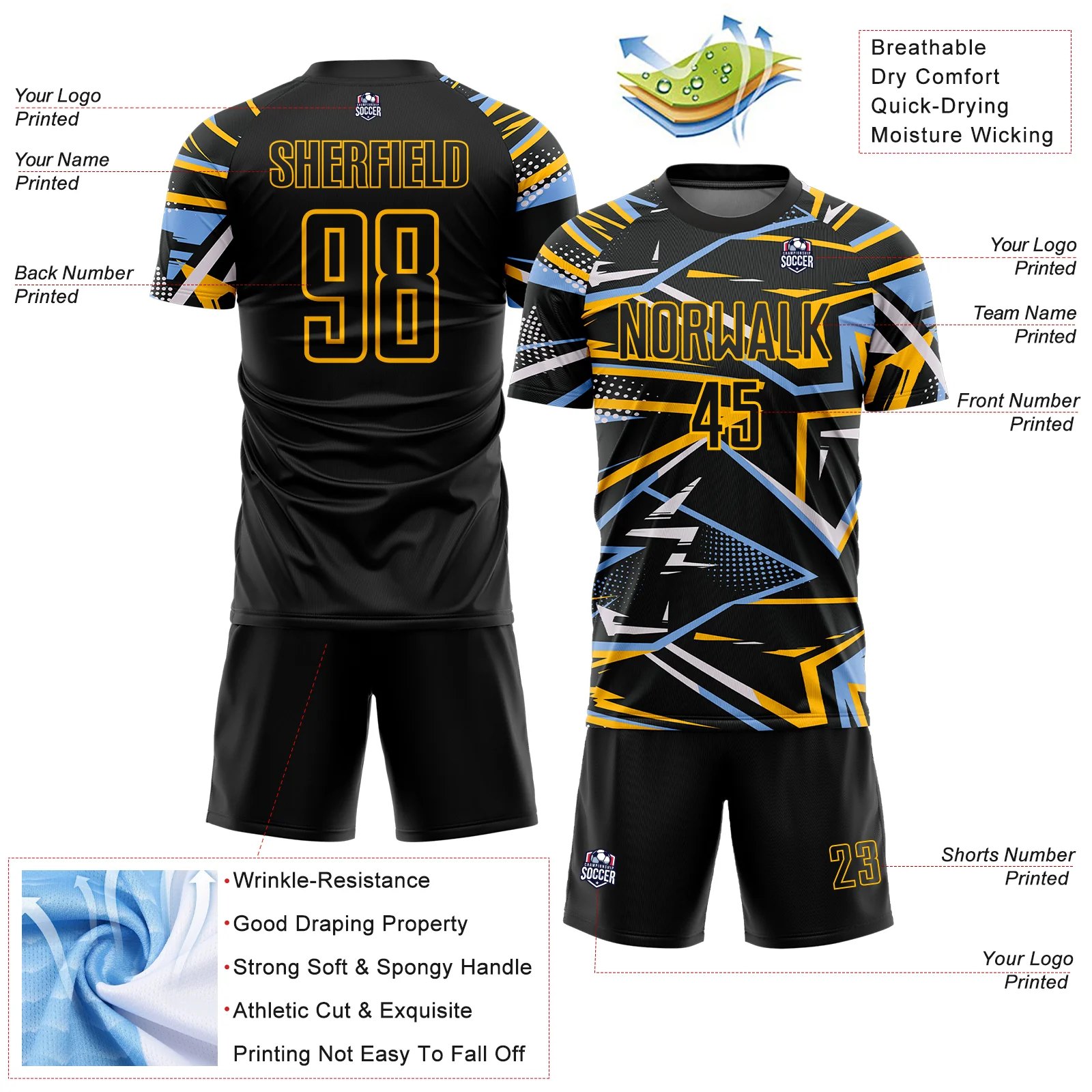 Custom Black Light Blue Gold-White Abstract Geometric Stripes Sports Sublimation Soccer Uniform Jersey - Image 4
