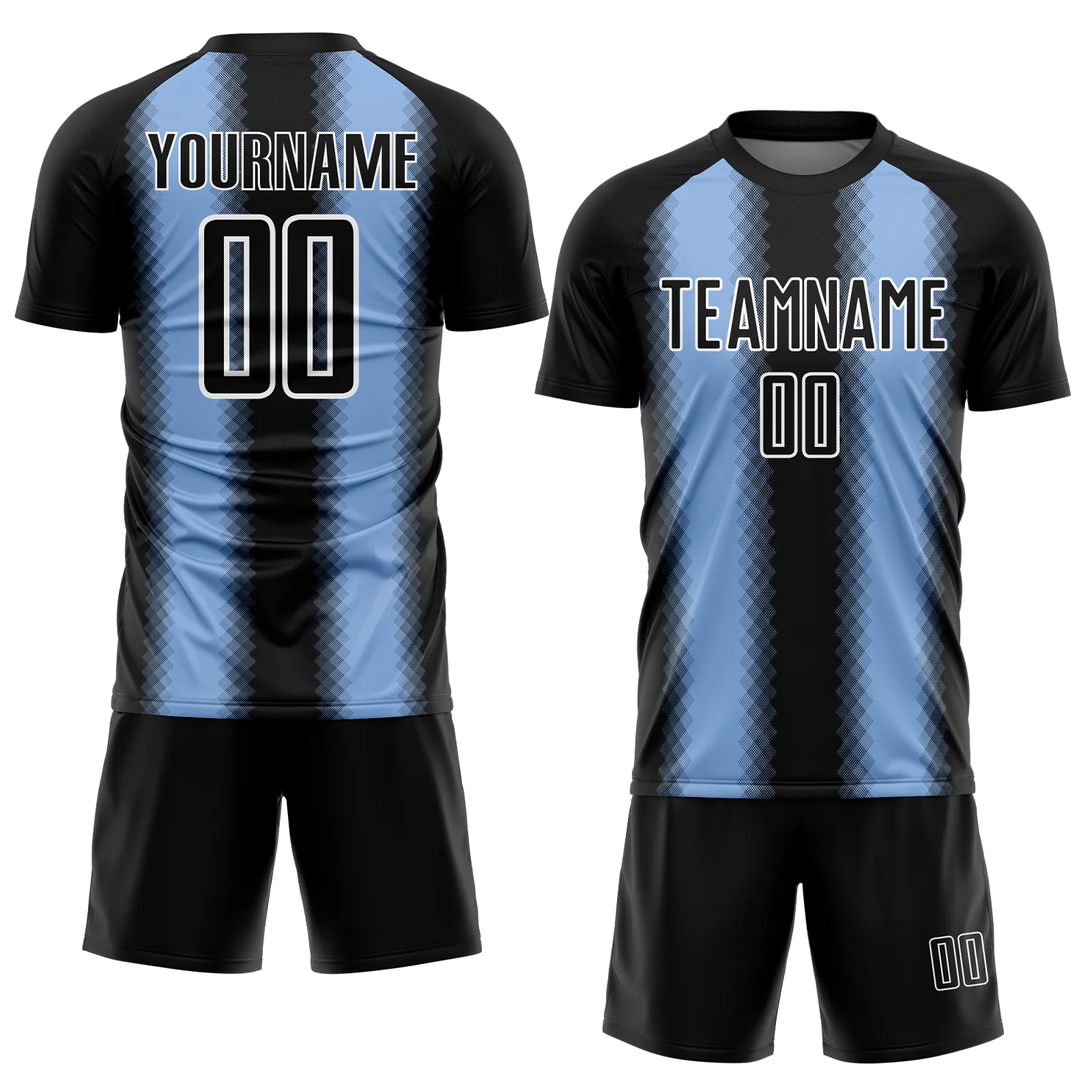 Custom Black Light Blue-White Zigzag Diamond Stripe Sports Sublimation Soccer Uniform Jersey - Image 2