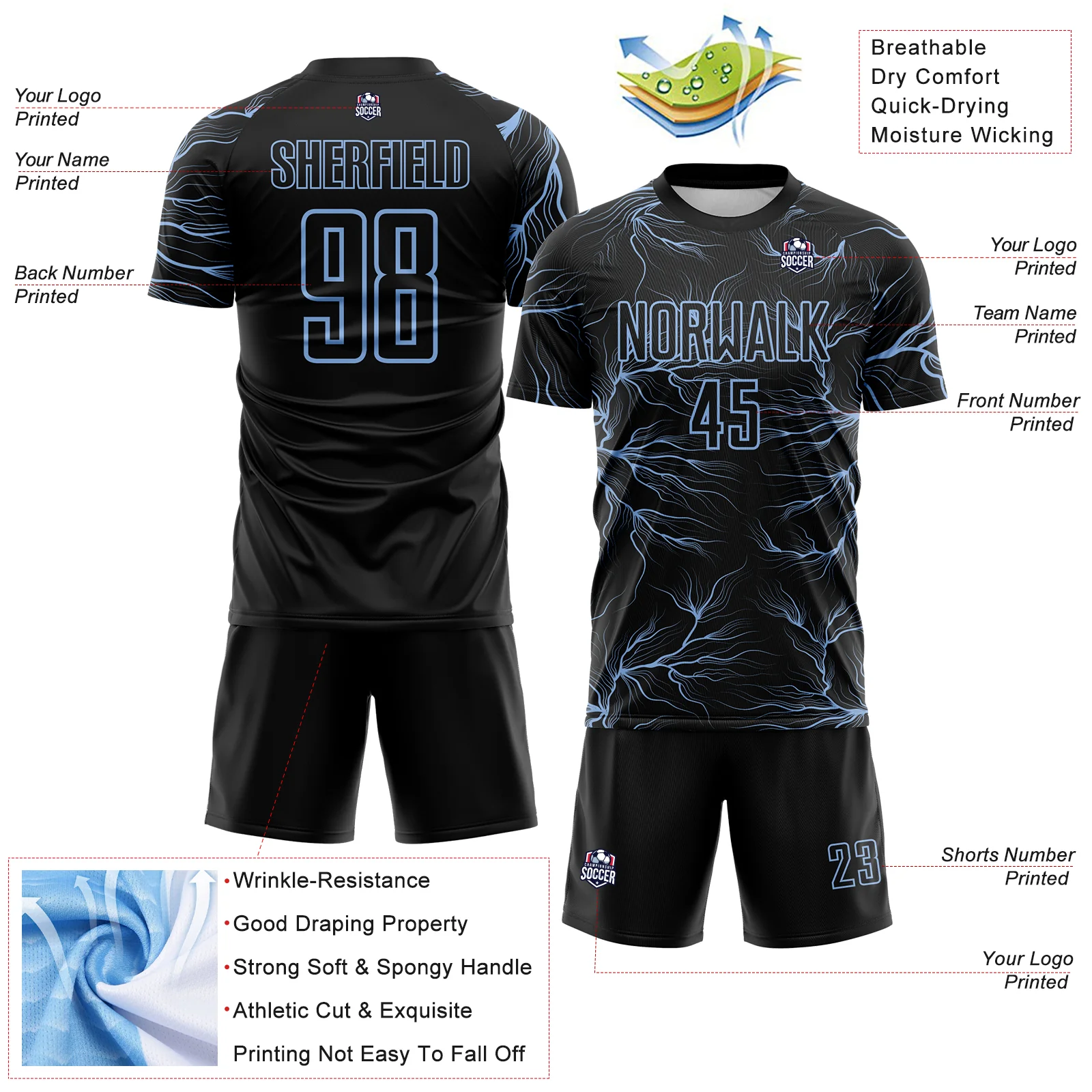 Custom Black Light Blue Lightning Electric Veins Sublimation Soccer Uniform Jersey - Image 4